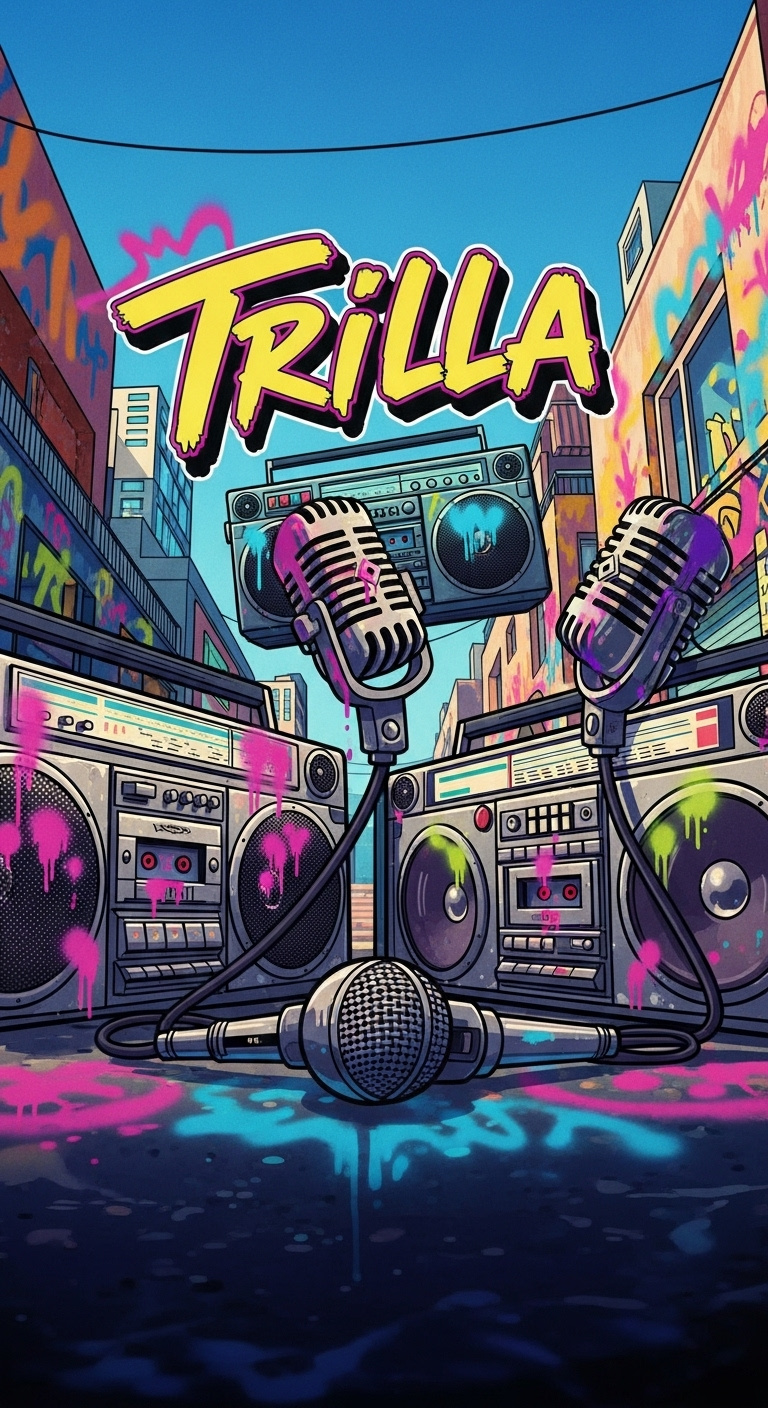 Trilla - Live Freestyle Rap Battle App with microphones, boomboxes, and urban graffiti background